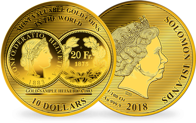 La monnaie 1/100 d'once or pur «20 Francs Suisse Or 1883» grand diamètre: 45 mm ! 